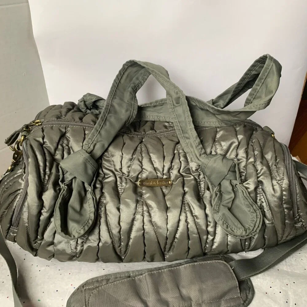 Timi & Leslie Marie Antoinette Silver Nylon Quilted Baby Diaper Bag - Size Large